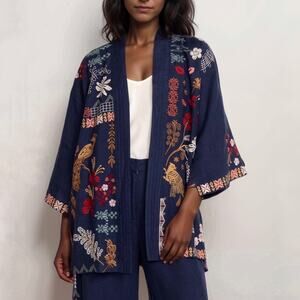 Johnny Was NEW Zuzu Linen Kimono Sz S Embroidered Navy Blue Boho